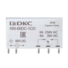 Реле миниатюрное ультратонкое 1CO ком. ток 6А AgSnO2 напряжение 60В DC DKC RIS-60DC-1CO