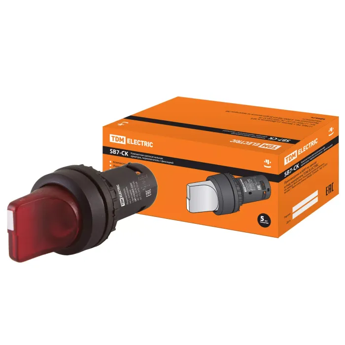 Перекл. 2 полож. SB7-CK2465 с фиксацией, 1НО+1НЗ, d22 мм, 220 В LED, красный, IP40 TDM