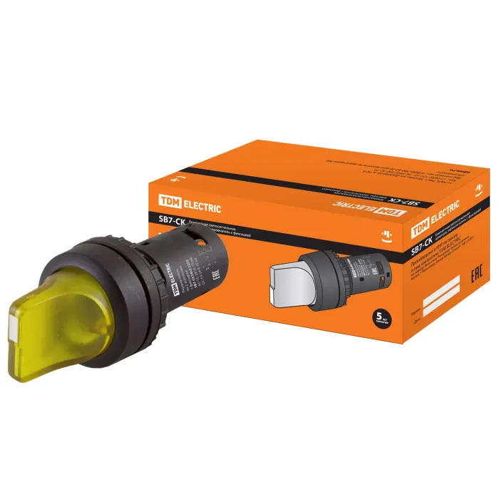 Перекл. 2 полож. SB7-CK2565 с фиксацией, 1НО+1НЗ, d22 мм, 220 В LED, желтый, IP40 TDM