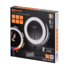 Лампа кольцевая светодиодная 30 см, 16 Вт, 2700-6400 К+RGB, штатив наст., диммер, ПДУ, USB, TDM