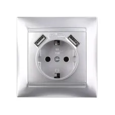 Розетка 2П+З 16А 250В + 2 USB порта 2,1А 5В металлик 