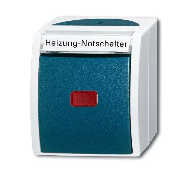 Переключатель 1-кл. контрольный с красной линзой с маркир. Heizung-Notschalter для открытого монтажа IP44 ocean сер./сине-зел. ABB 1085-0-1609