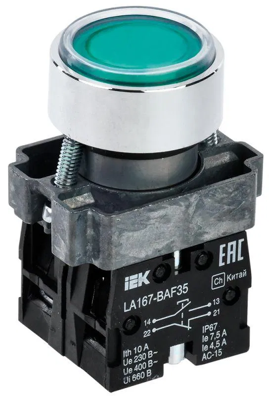Кнопка LA167-BAF35 d22мм 1НО+1НЗ зел. IEK BBT20-BAF35-3-22-67-K06