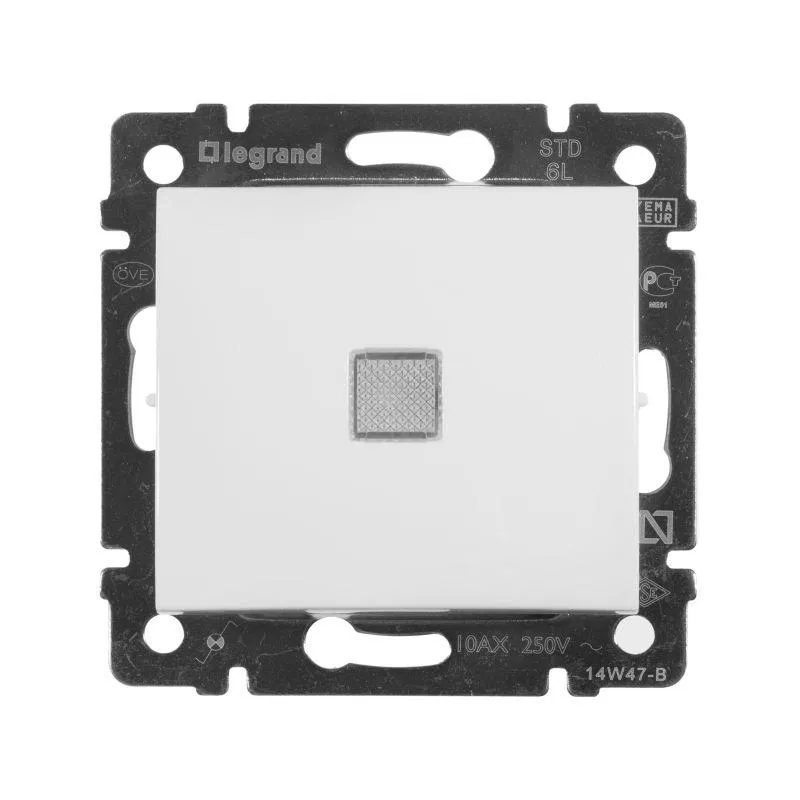 Переключатель проходной 1-кл. СП Valena 10А IP31 250В с зел. индикацией механизм бел. Leg 774426