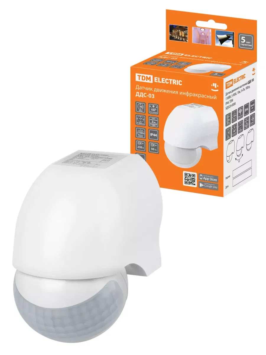 Датчик движения стена ДДС-03 1100Вт, 5-720с, 10м, 5+Лк, 180гр, IP44, TDM