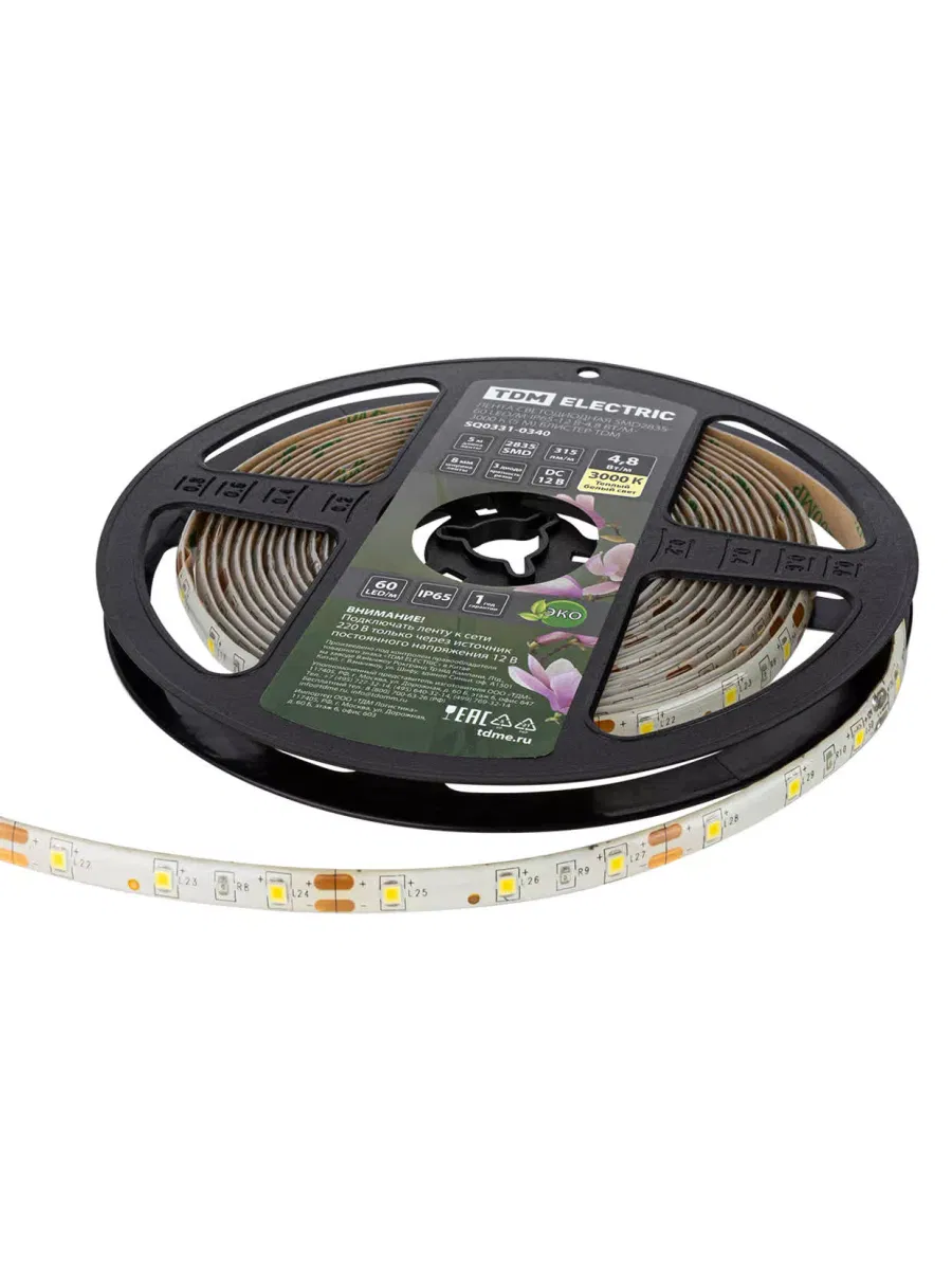 Лента светодиодная SMD2835-60 LED/м-IP65-12 В-4,8 Вт/м-3000 К (5 м) блистер TDM