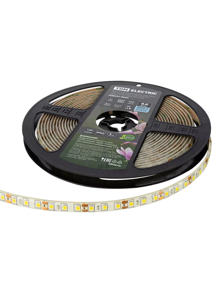 Лента светодиодная SMD2835-120 LED/м-IP65-12 В-9,6 Вт/м-4000 К (5 м) блистер TDM