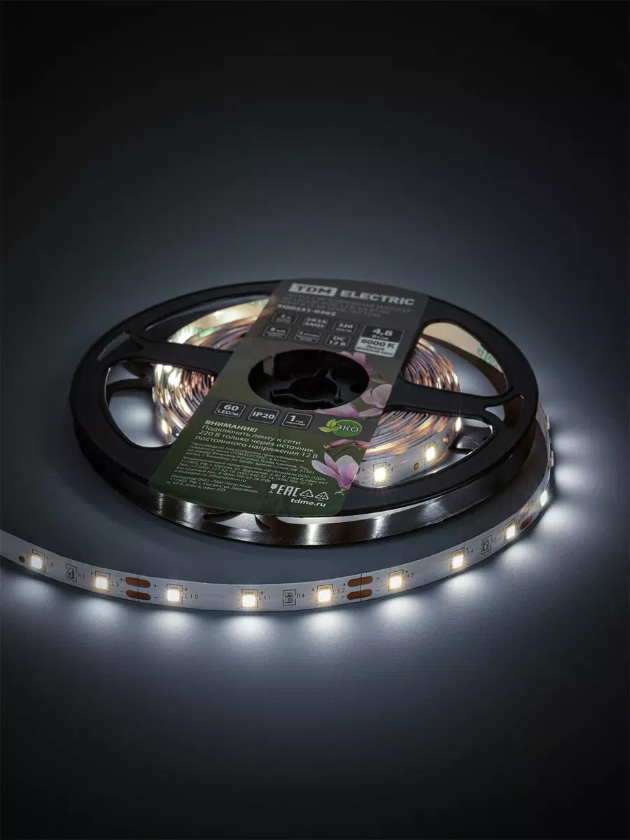 Лента светодиодная SMD2835-60 LED/м-IP20-12 В-4,8 Вт/м-6000 К (5 м) блистер TDM