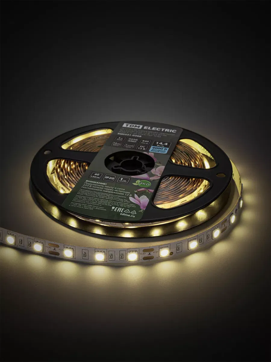 Лента светодиодная SMD5050-60 LED/м-IP20-12 В-14,4 Вт/м-4000 К (5 м) блистер TDM