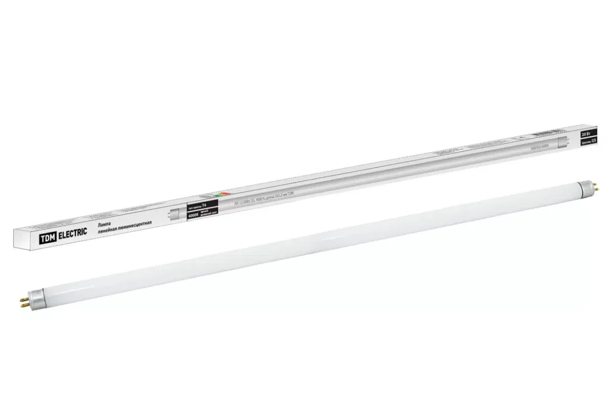Лампа люминесцентная линейная двухцокольная ЛЛ-12/20Вт, T4/G5, 4000 К, длина 565,2мм TDM