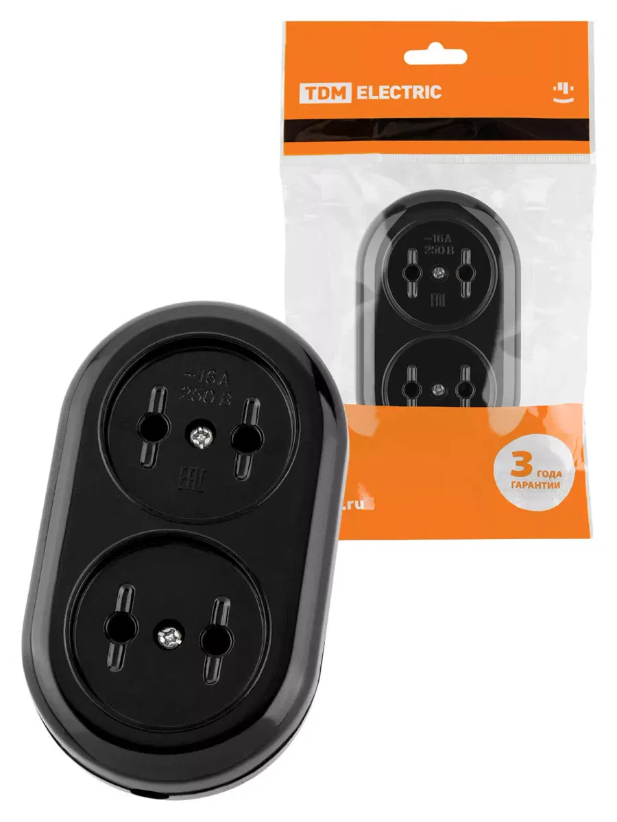 Розеточная колодка 2 гнезда 2П 16А макс. 250B "Ретро" (карболит) TDM