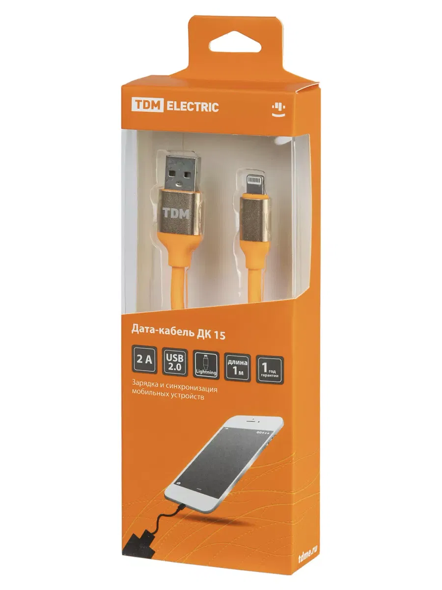 Дата-кабель, ДК 15, USB - Lightning, 1 м, силиконовая оплетка, оранжевый, TDM
