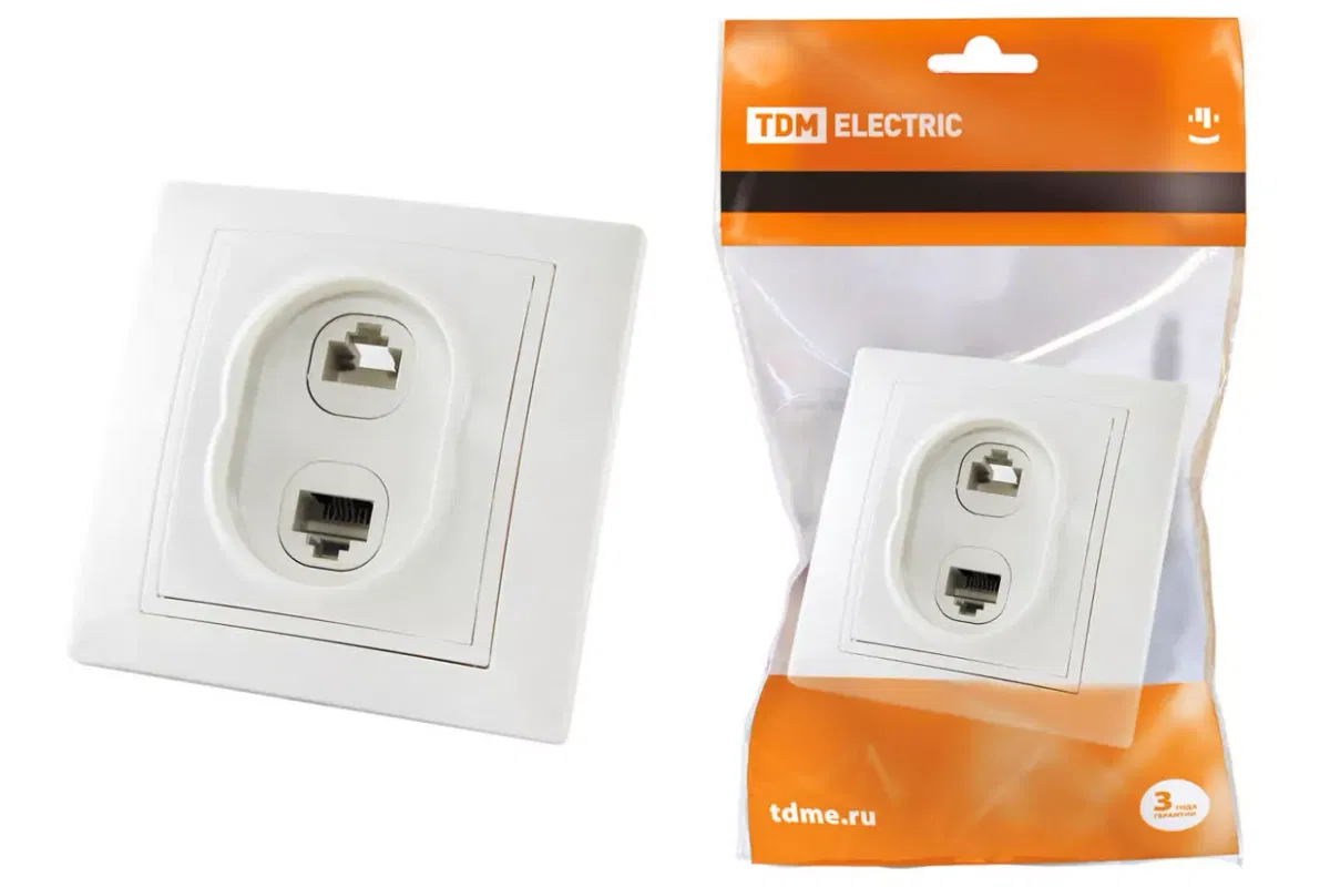 Розетка телефонная RJ11 + компьютерная RJ45 белая "Таймыр" TDM
