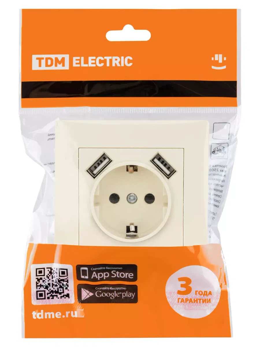 Розетка 2П+З 16А 250В + 2 USB порта 2,1А 5В сл. кость "Сенеж" TDM