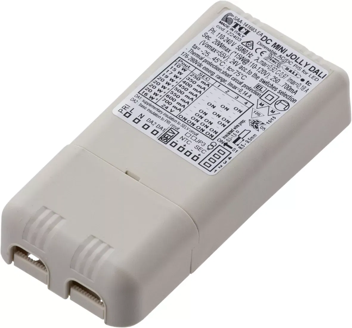 Драйвер LED 20Вт-250мА/700мА-DALI (TCI DC MINI JOLLY DALI 123403) Световые Технологии 4002000050