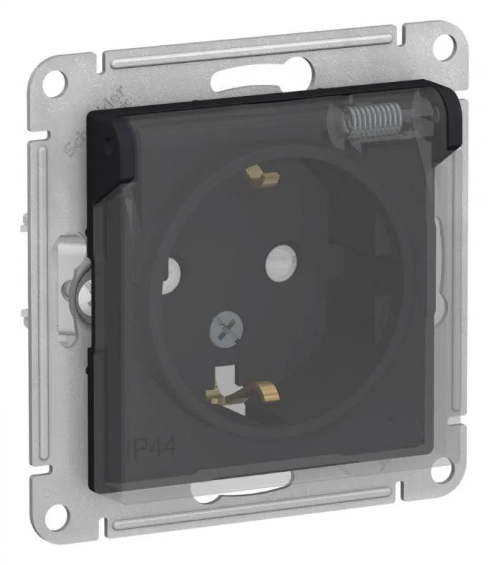 Розетка 1-м СП AtlasDesign Aqua 16А IP44 с заземл. защ. шторки с прозр. крышкой механизм карбон SE ATN441046