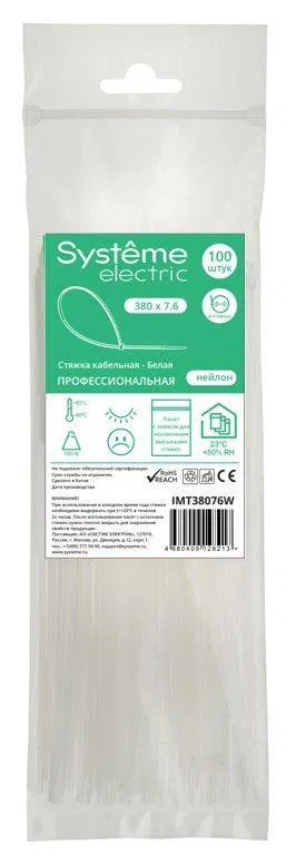 Стяжка кабельная 380х7.6 бел. (уп.100шт) SE IMT38076W