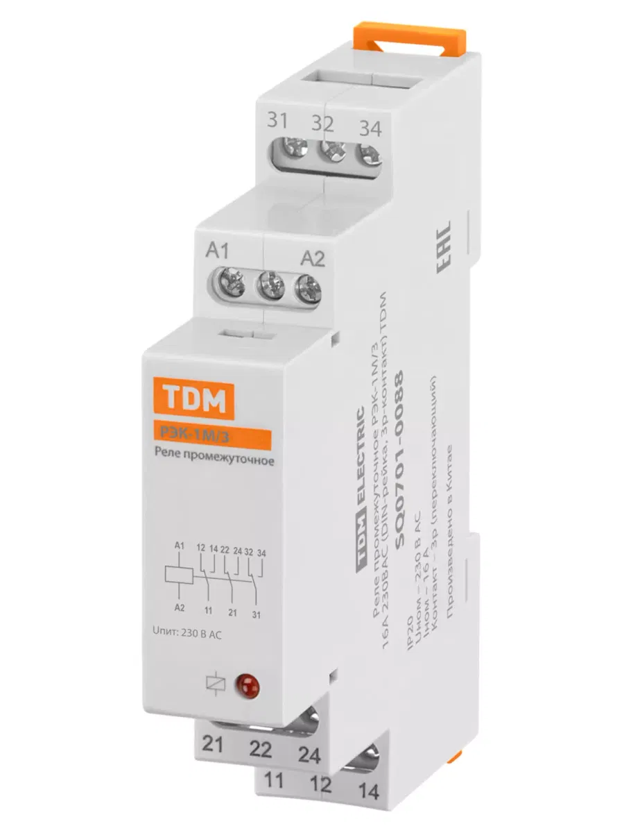 Реле промежуточное РЭК-1М/3 16А 230В АС (DIN-рейка, 3р-контакт) TDM