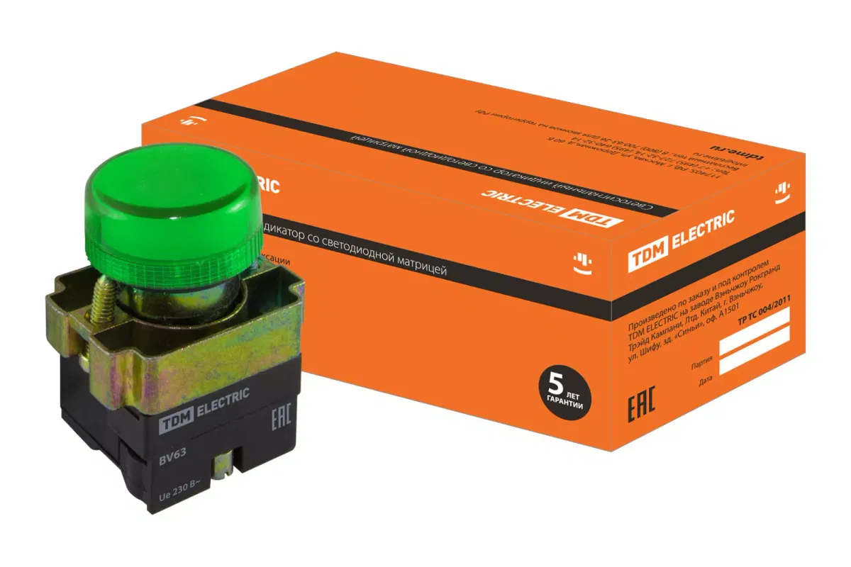 Лампа сигнальная SB2-BV63 с подсветкой 230 В LED, d22 мм, зеленый, IP40 TDM