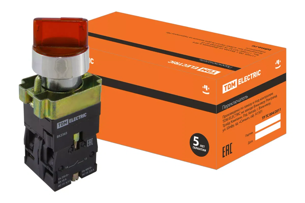Перекл. 2 полож. SB2-BK2465 с фиксацией, 1НО+1НЗ, d22 мм, 230 В LED, красный, IP40 TDM