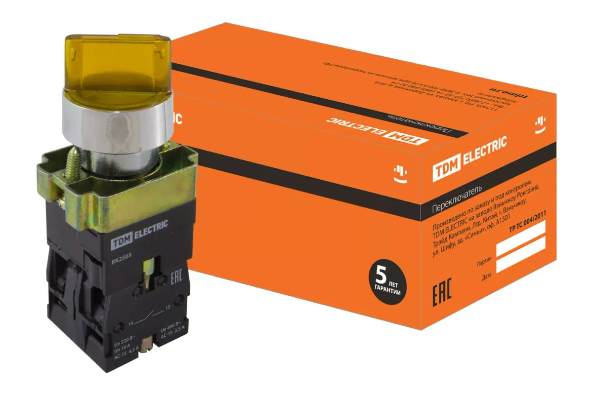 Перекл. 2 полож. SB2-BK2565 с фиксацией, 1НО+1НЗ, d22 мм, 230 В LED, желтый, IP40 TDM