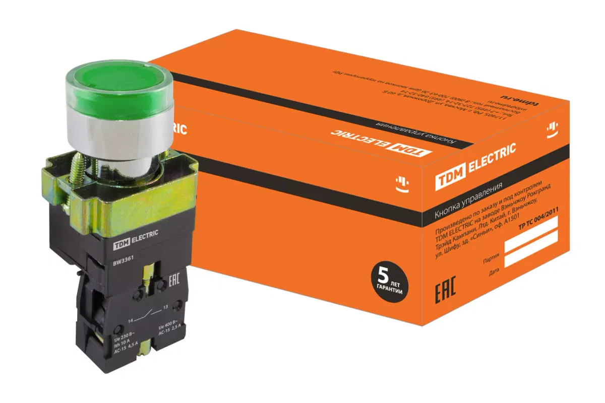 Кнопка SB2-BW3361 с возвратом, 1НО, d22 мм, 230 В LED, зеленая, IP40 TDM