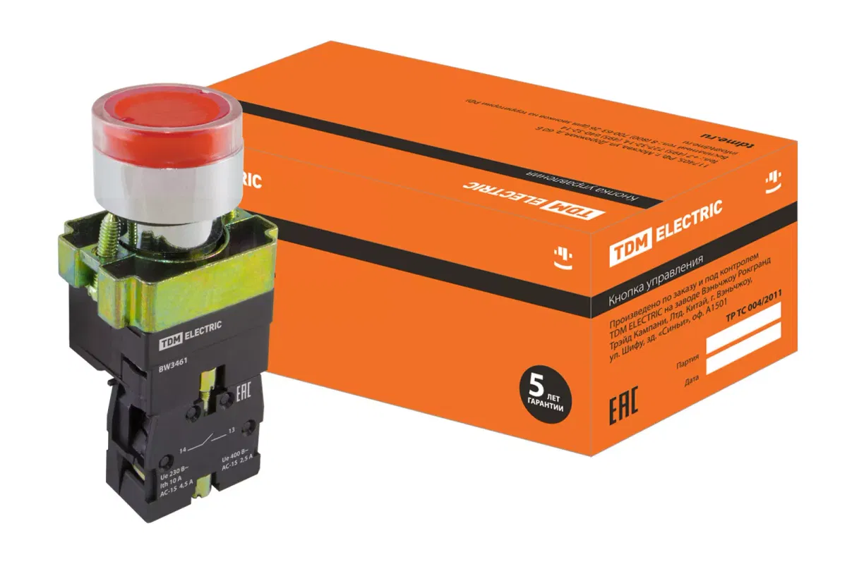 Кнопка SB2-BW3461 с возвратом, 1НО, d22 мм, 230 В LED, красная, IP40 TDM