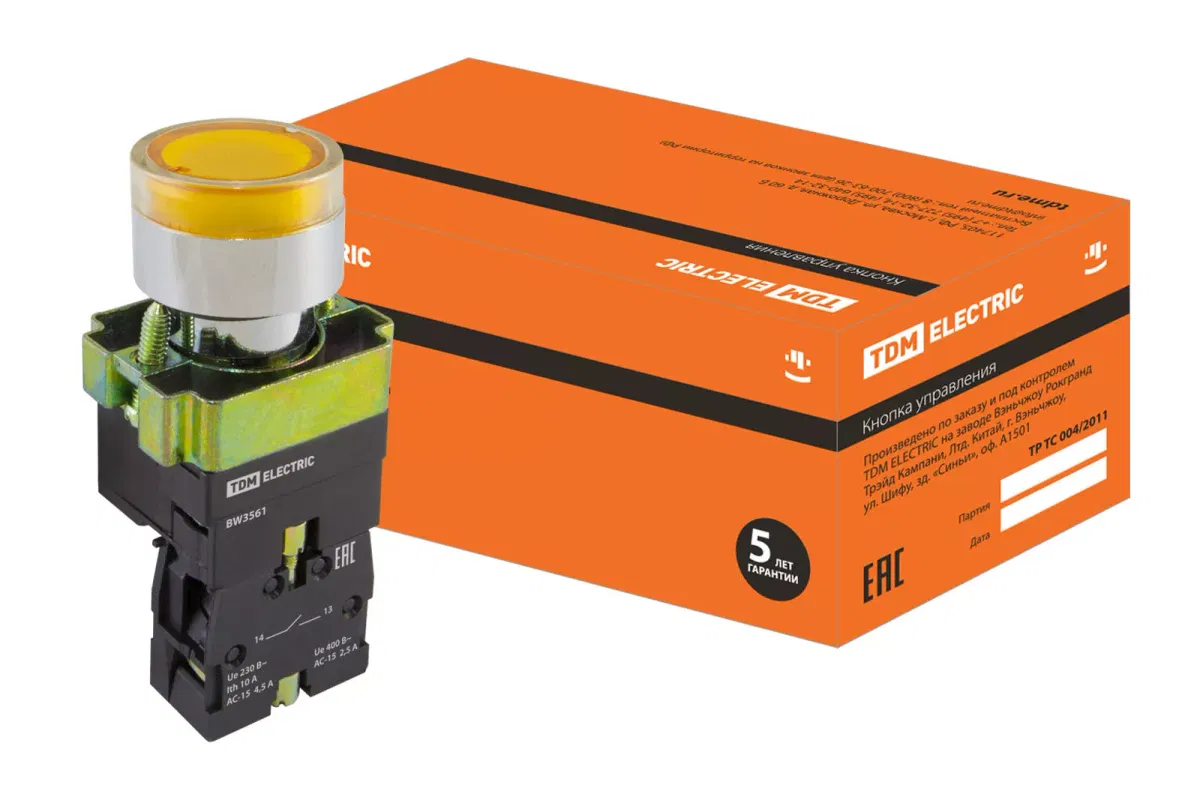 Кнопка SB2-BW3561 с возвратом, 1НО, d22 мм, 230 В LED, желтая, IP40 TDM