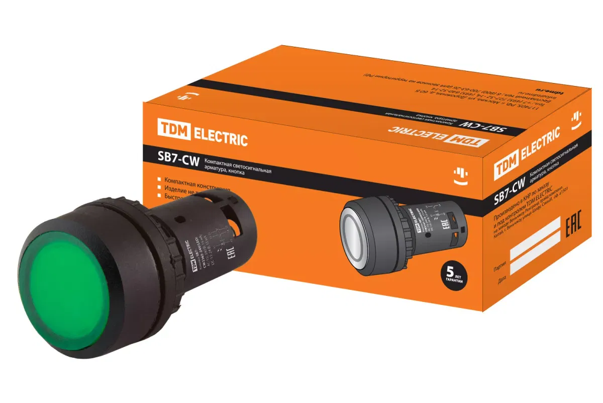 Кнопка SB7-CWL3365 с фиксацией, 1НО+1НЗ, d22 мм, 220 В LED, зеленая, IP54 TDM