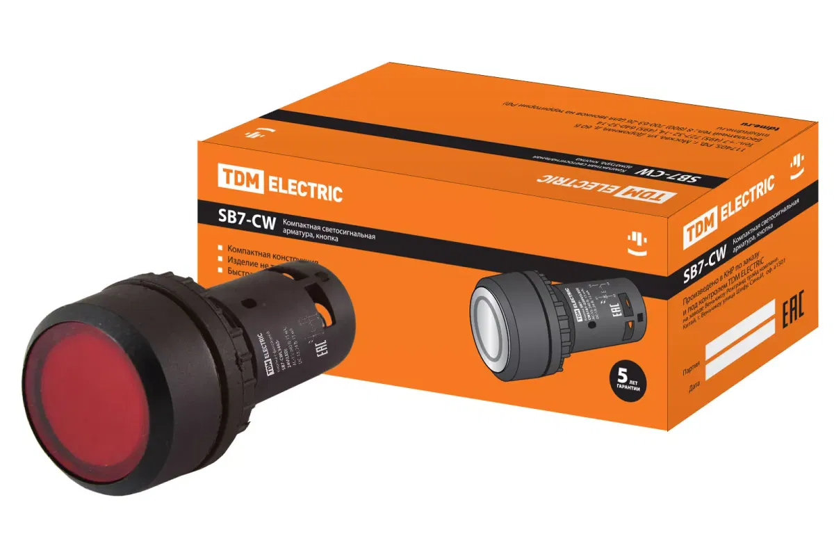Кнопка SB7-CWL3465 с фиксацией, 1НО+1НЗ, d22 мм, 24 В LED, красная, IP54 TDM