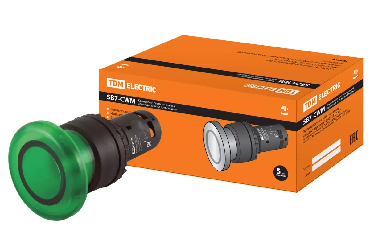 Кнопка грибовидная SB7-CWM31 с возвратом, 1НО, 220 В LED, d35 мм, зеленая, IP40 TDM