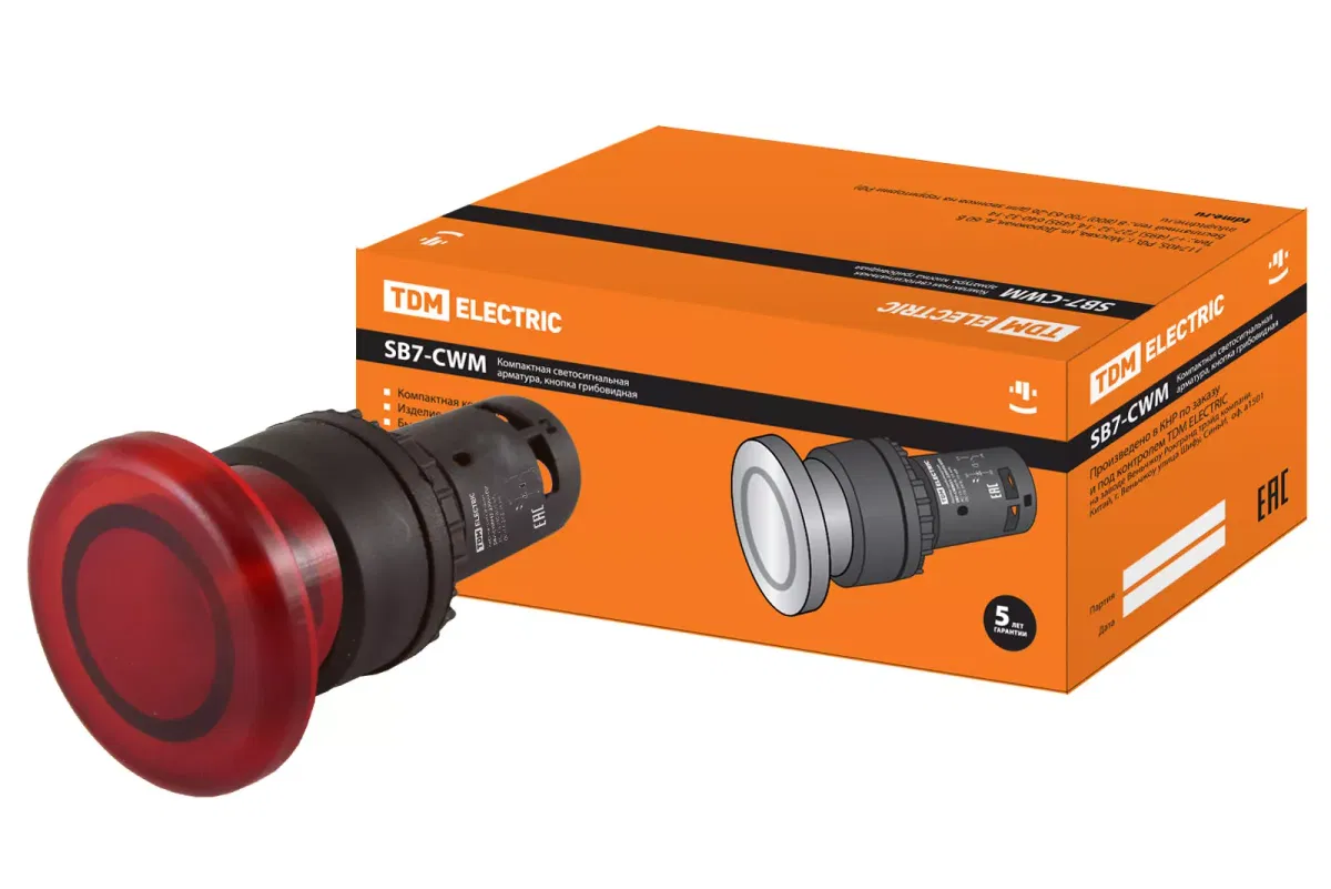 Кнопка грибовидная SB7-CWM42 с возвратом, 1НЗ, 220 В LED, d35 мм, красная, IP40 TDM