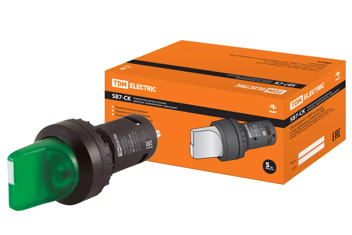 Перекл. 2 полож. SB7-CK2361 с фиксацией, 1НО, d22 мм, 24 В LED, зеленый, IP40 TDM