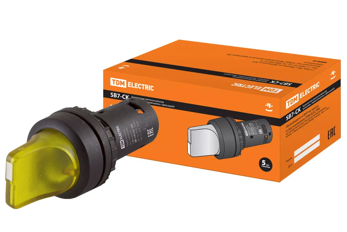 Перекл. 2 полож. SB7-CK2561 с фиксацией, 1НО, d22 мм, 24 В LED, желтый, IP40 TDM