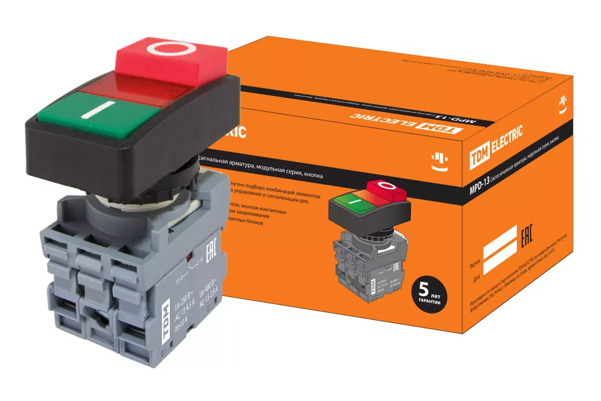 Кнопка двойная MPD13-11R (зеленая/красная-выступающая) (LED) d22мм/24В (I/O) линза красная TDM