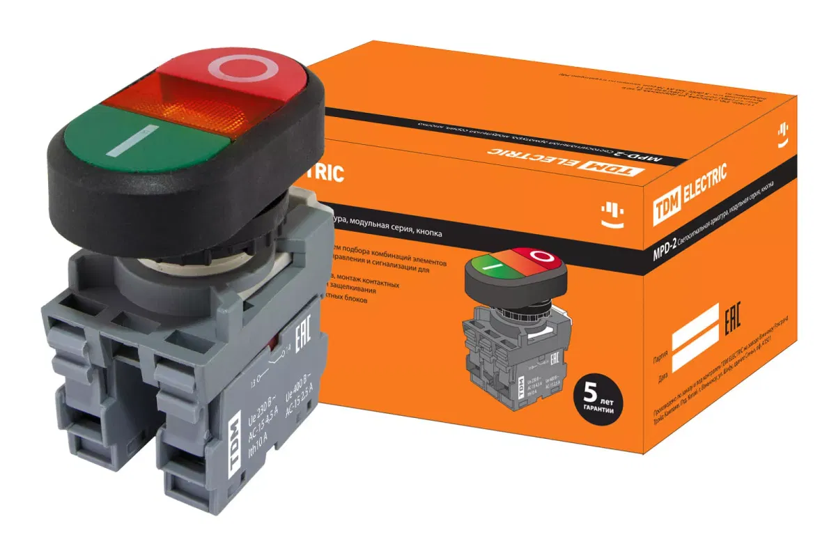 Кнопка двойная MPD2-11R (зеленая/красная) (LED) в сборе d22мм/220В (I/O) линза красная TDM