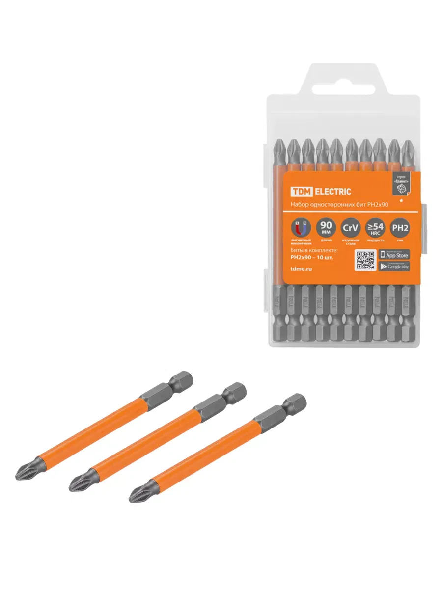 Набор бит PH2x90, односторонних, сталь CrV, Е 1/4", 10 шт., «Гранит» TDM