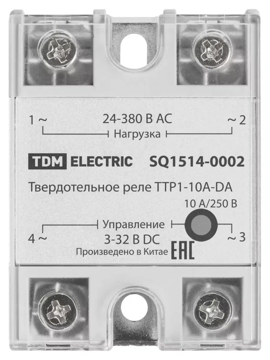 Твердотельное реле ТТР1-10А-DА, 1ф, 10А, упр: 3-32В DС, нагр: 24-380В АС TDM